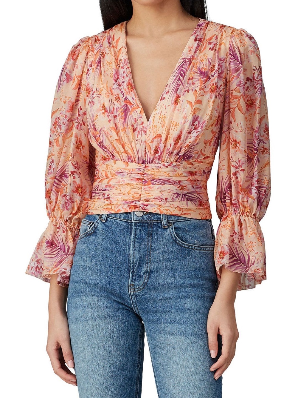 AMUR Peach and Purple Floral V-Neck Ruched Crop Blouse
